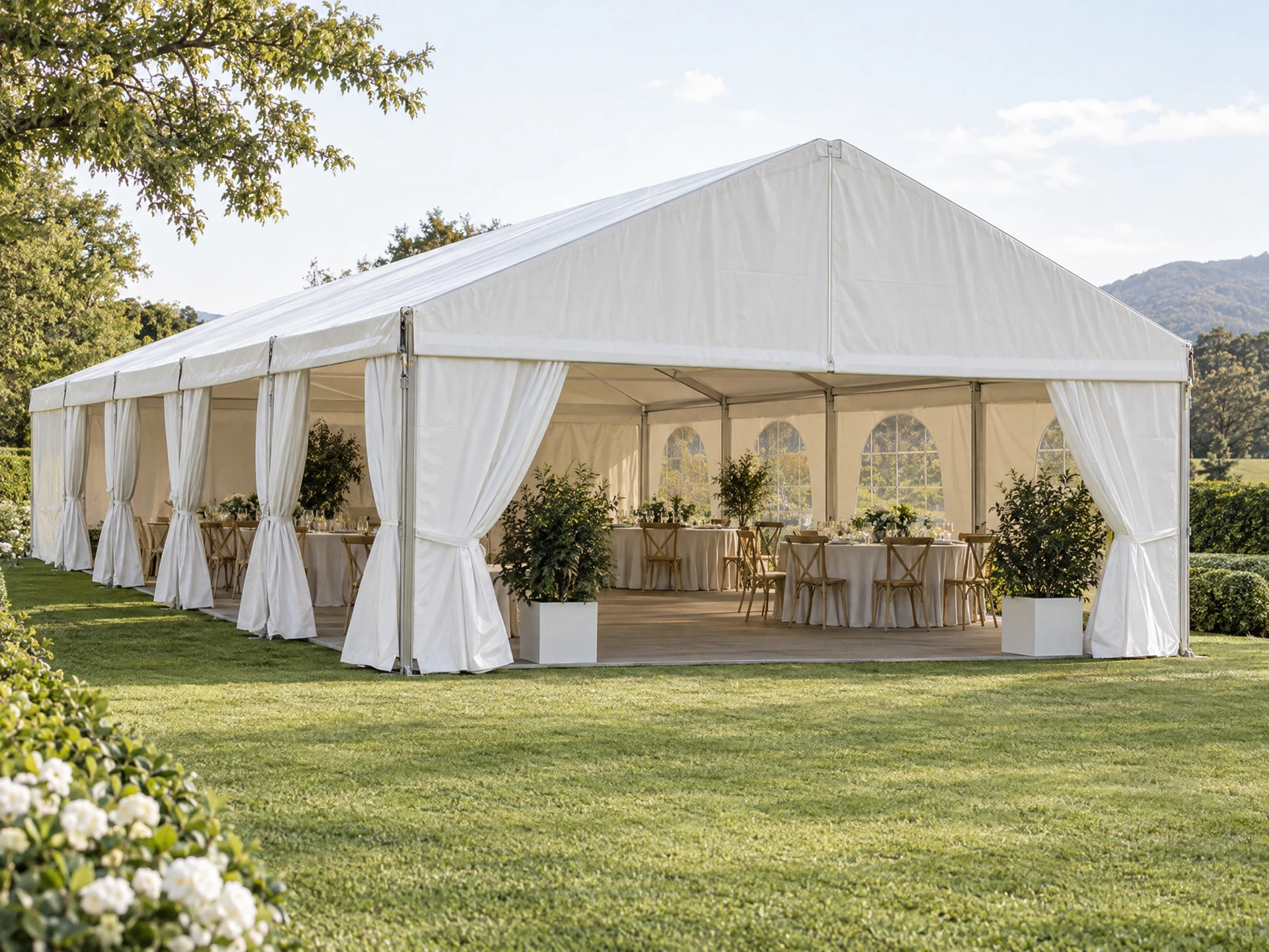 AI-generated illustration: a white framed marquee with an opaque peaked roof and open sidewalls on a lawn