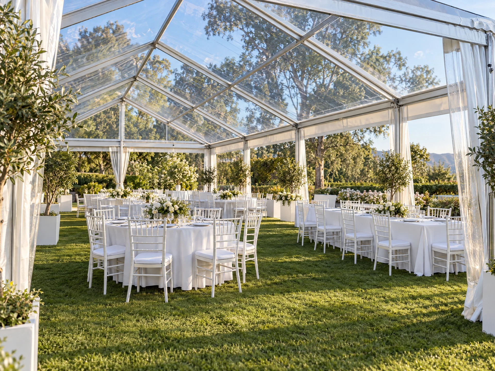 AI-generated illustration: a framed marquee with a transparent roof and understated white event seating