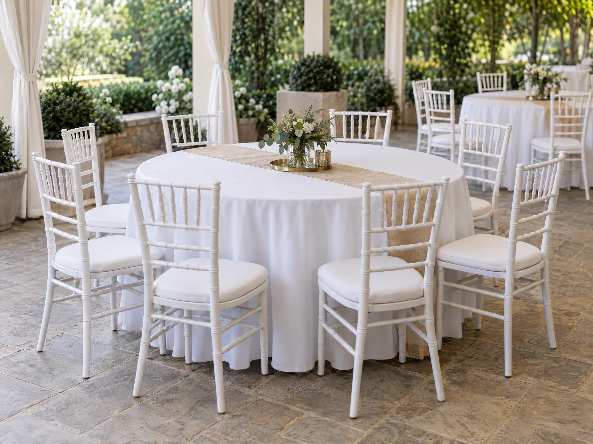 AI-generated illustration: a round guest table dressed in white linen with white event chairs