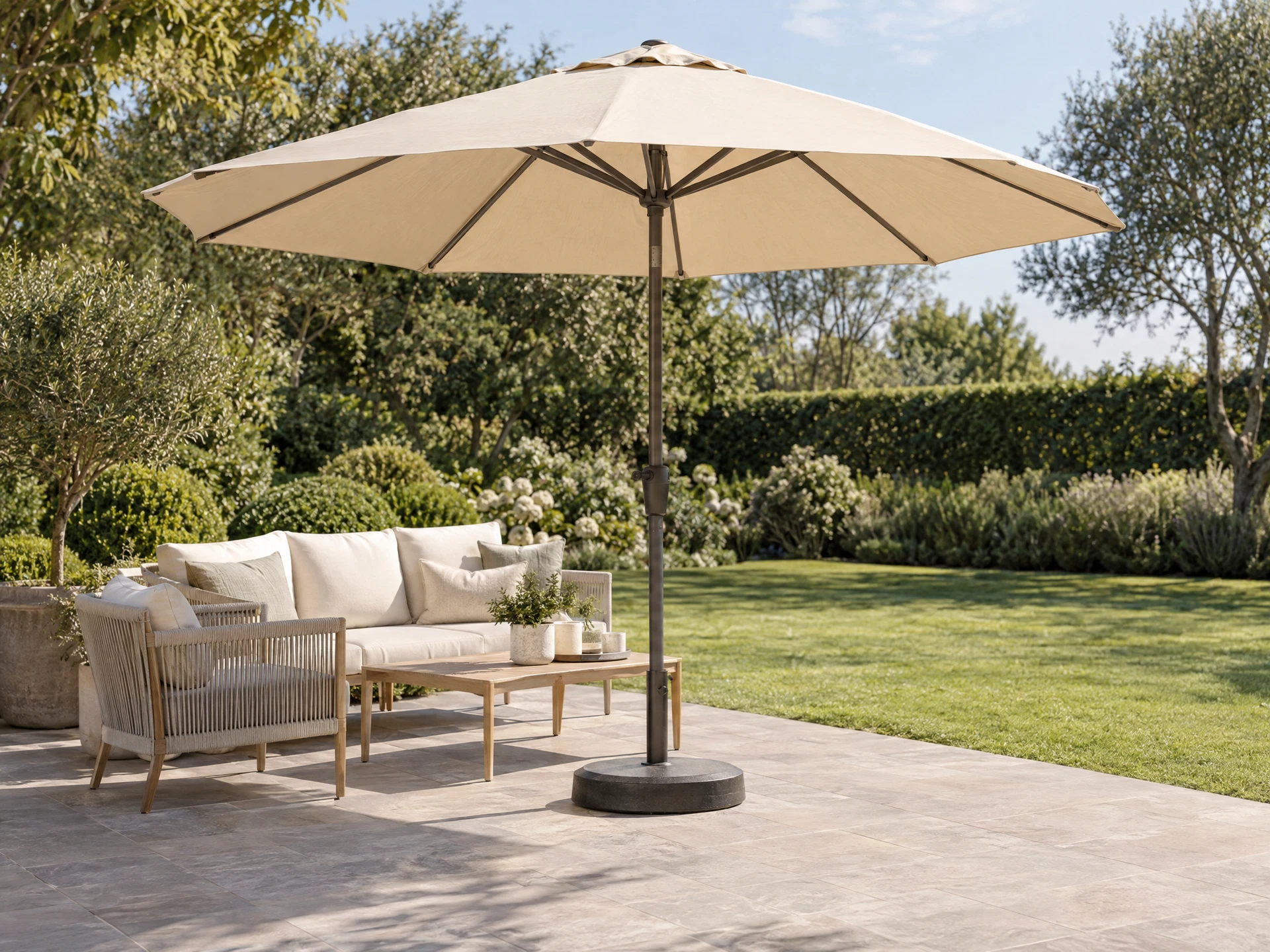 AI-generated illustration: a beige freestanding garden umbrella with a central pole and stable base