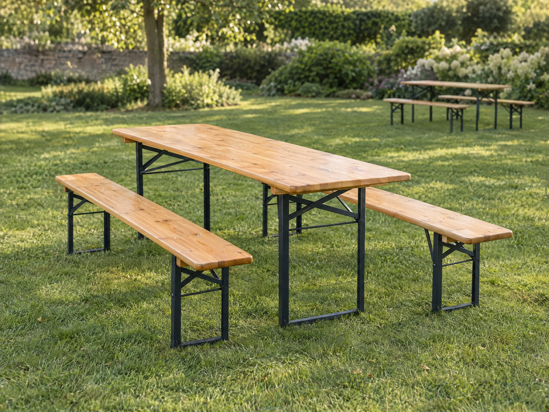 AI-generated illustration: a natural-wood beer-bench set with one table and two benches on a lawn